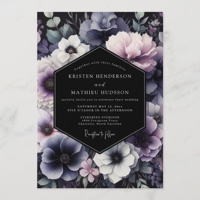 Dusty Blue Twilight Bloom Wedding Einladung (Vorderseite)