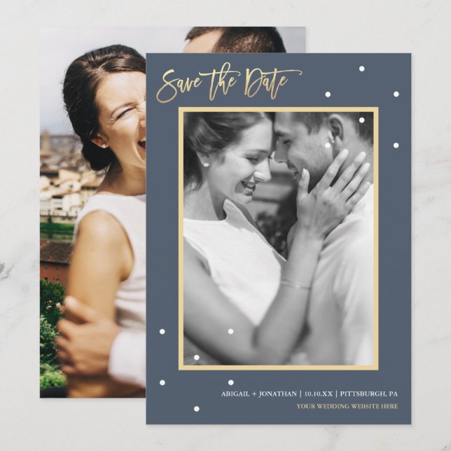 Dusty Blue Two Foto mit Dots Save the Date (Vorne/Hinten)