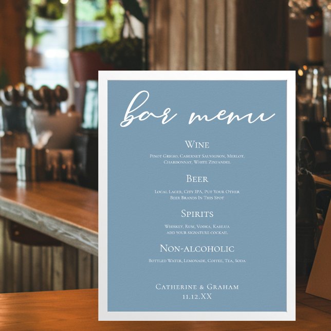 Dusty Blue Typografy Wedding Bar Menu Poster (Von Creator hochgeladen)