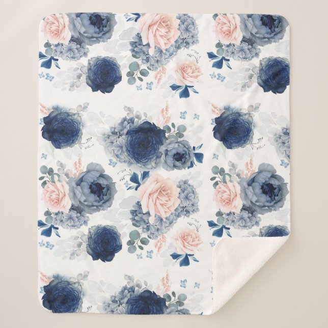 Dusty Blue und Blush Pink Blume Elegant Stilvoll Sherpadecke (Vorderseite)