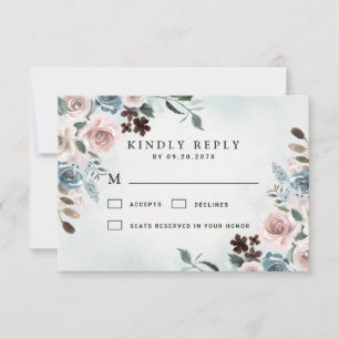 Dusty Blue und Blush Pink Mauve Floral Wedding RSVP Karte
