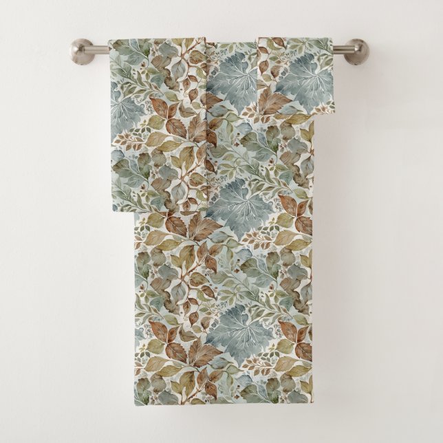Dusty Blue und Brown Botanical Leaf Badhandtuch Set (Insitu)
