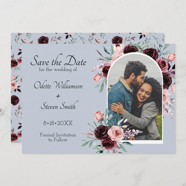 Dusty Blue und Burgund Blume Foto Wedding Save The Date (Vorne/Hinten)