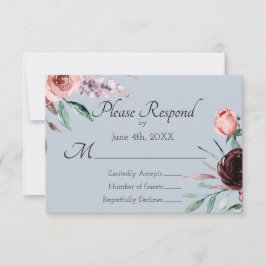 Dusty Blue und Burgund Floral Wedding RSVP Karte