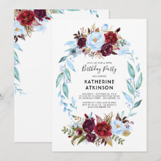 Dusty Blue und Burgund Red Blume Geburtstag Einladung