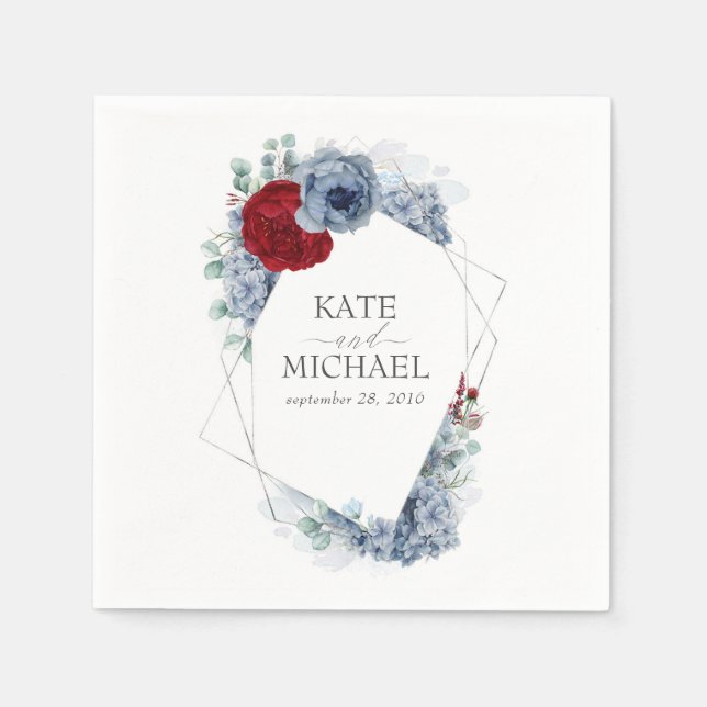 Dusty Blue und Burgund Red Blume Wedding Serviette (Vorderseite)