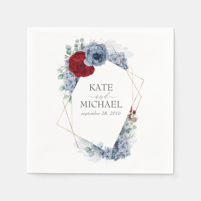 Dusty Blue und Burgund Red Blume Wedding Serviette (Vorderseite)