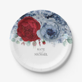 Dusty Blue und Burgund Red Floral Elegant Pappteller