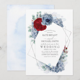 Dusty Blue und Burgund Red Floral Elegante Hochzei Einladung
