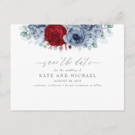 Dusty Blue und Burgund Red Floral Save the Date Postkarte