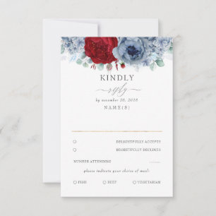 Dusty Blue und Burgund Red Floral Wedding RSVP