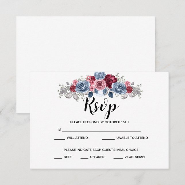 Dusty Blue und Burgundy Wedding RSVP (Vorne/Hinten)