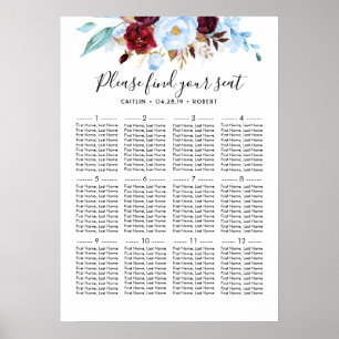Dusty Blue und Burgundy Wedding Seating Chart Poster
