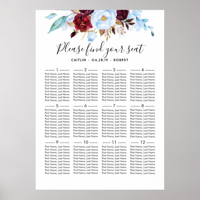 Dusty Blue und Burgundy Wedding Seating Chart Poster (Vorne)