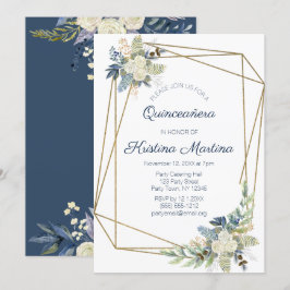 Dusty Blue und Cream Floral Quinceañera Geburtstag Einladung