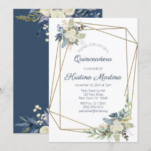 Dusty Blue und Cream Floral Quinceñera Geburtstag Einladung