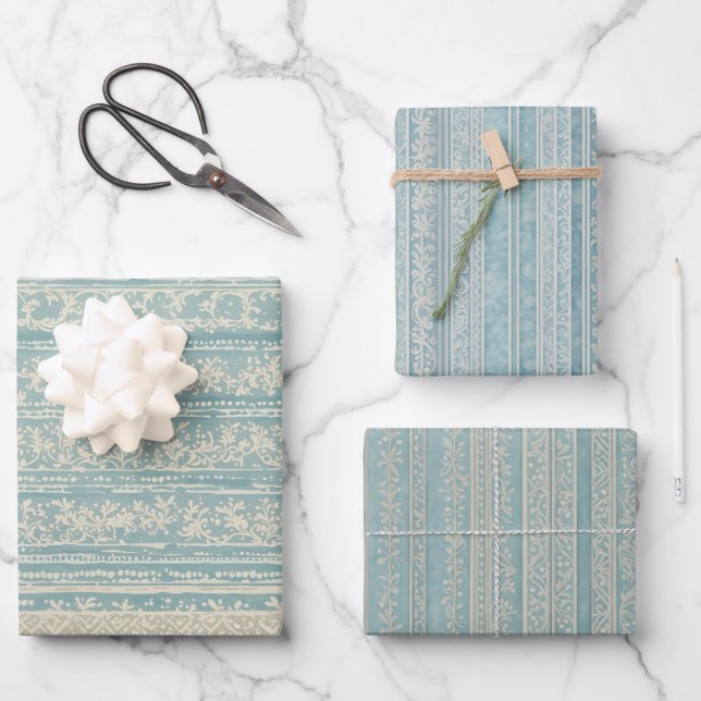 Dusty Blue und Cream Striping Geschenkpapier Set (Vorderseite)