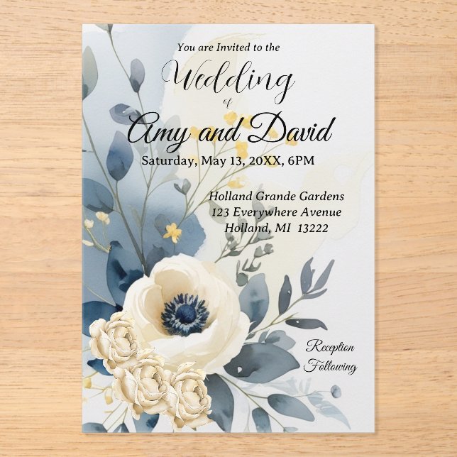 Dusty Blue und Creme Wedding Einladung Acrylic (Vorderseite)