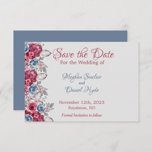 Dusty Blue und Deep Burgundy Floral Save The Date (Vorne/Hinten)