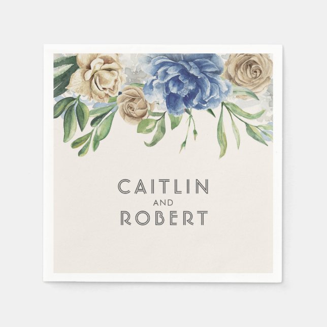 Dusty Blue und Elfenbein Vintage Blume Hochzeit Serviette (Vorderseite)