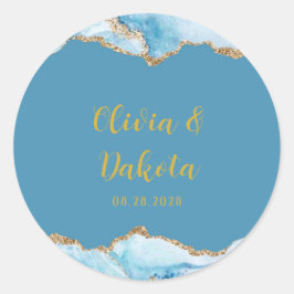 Dusty Blue und Gold Agate Custom Wedding Runder Aufkleber