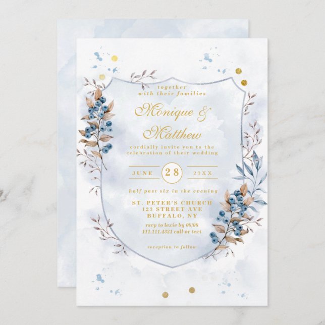 Dusty Blue und Gold Blueberries Shield Wedding Einladung (Vorne/Hinten)