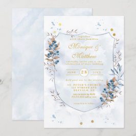 Dusty Blue und Gold Blueberries Shield Wedding Einladung