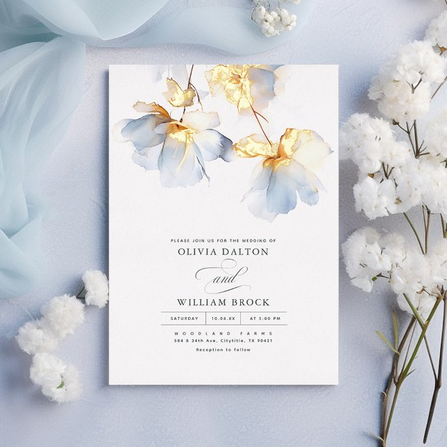 Dusty Blue und Gold Blume Minimalistisch Hochzeit Folieneinladung (Dusty Blue and Gold Floral Minimalist Wedding Invitations)