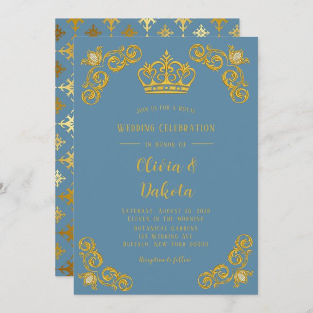 Dusty blue und Gold Crown Damask Royal Wedding Einladung (Vorne/Hinten)