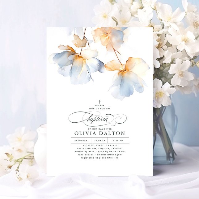 Dusty Blue und Gold Elegante ätherische Taufe Einladung (Dusty Blue Flowers Elegant Baptism Invitations)