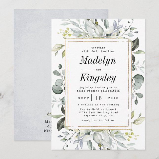 Dusty Blue und Gold Elegante Rustikale Hochzeit mi Einladung (Vorne/Hinten)