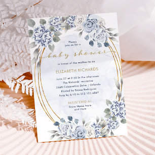 Dusty Blue und Gold Floral   Elegante Babydusche Einladung