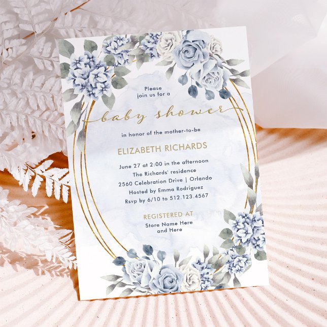 Dusty Blue und Gold Floral | Elegante Babydusche Einladung (Von Creator hochgeladen)