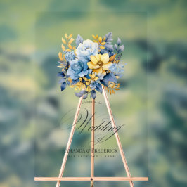Dusty Blue und Gold Floral Elegante Hochzeit Willk Acrylschild