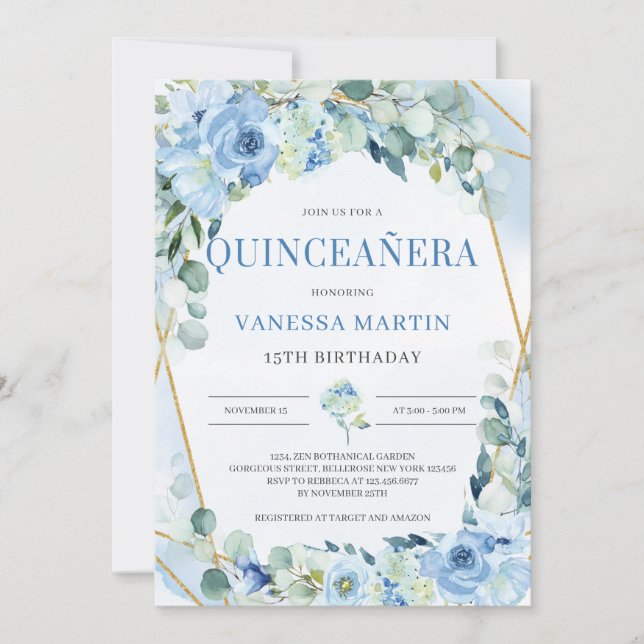 Dusty Blue und Gold Geometric Frame Quinceanera Einladung (Vorderseite)