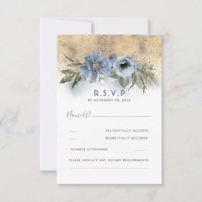 Dusty Blue und Gold Glitzer Boho Wedding RSVP (Vorderseite)