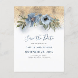 Dusty Blue und Gold Glitzer Floral Save the Date Ankündigungspostkarte