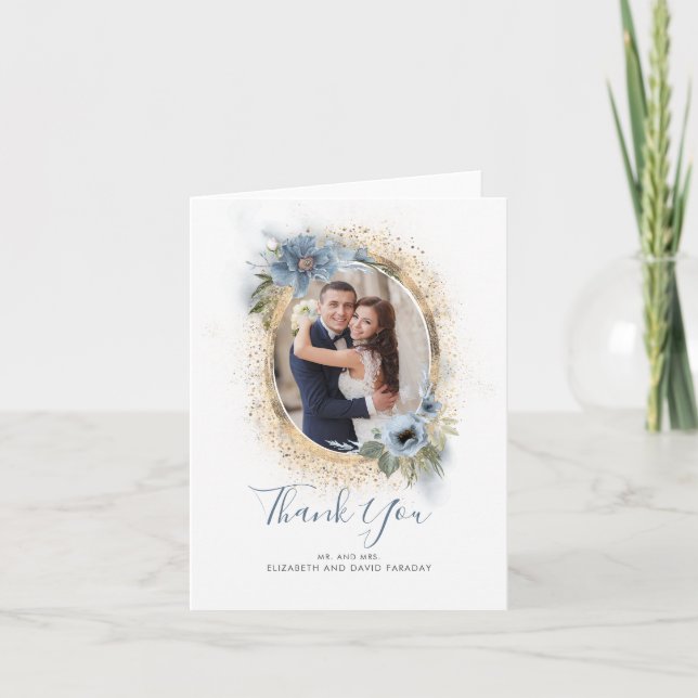 Dusty Blue und Gold Glitzer Vielen Dank Foto Dankeskarte (Vorderseite)