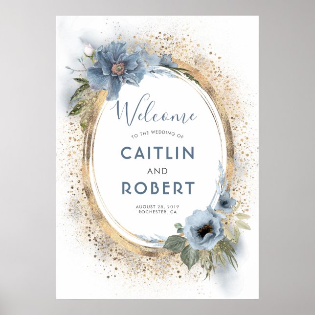 Dusty Blue und Gold Glitzer Wedding Sign Poster (Vorne)