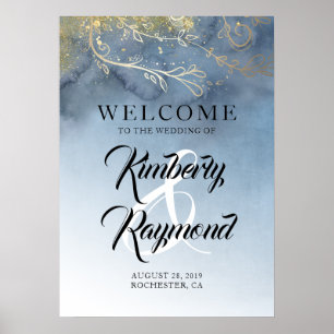 Dusty Blue und Gold Modern Wedding Welcome Sign Poster