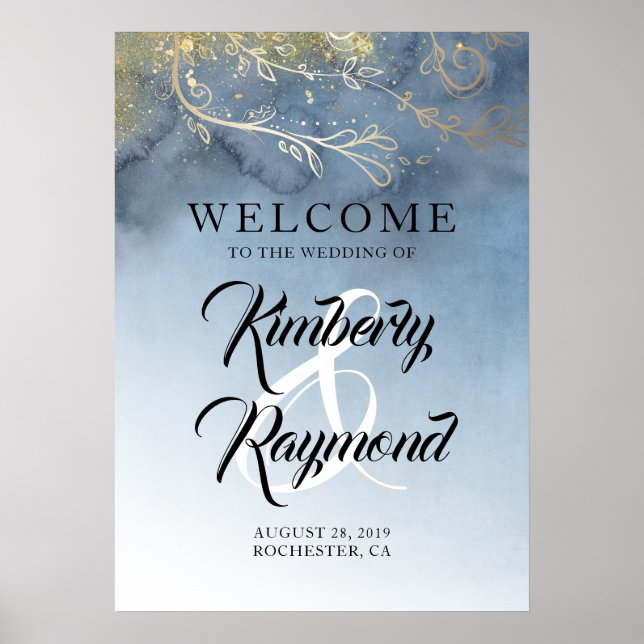 Dusty Blue und Gold Modern Wedding Welcome Sign Poster (Vorne)