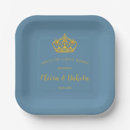 Dusty Blue und Gold Royal Crown Wedding Pappteller