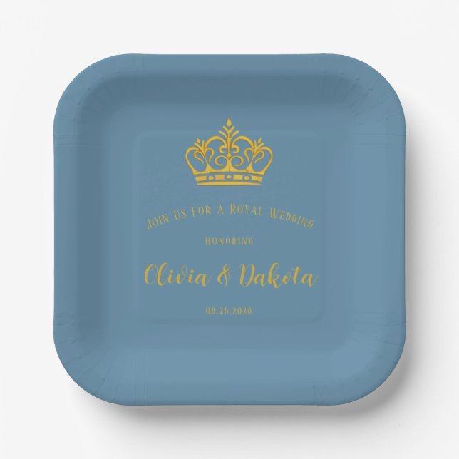 Dusty Blue und Gold Royal Crown Wedding Pappteller (Vorderseite)