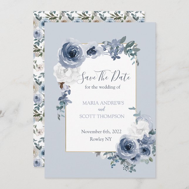 Dusty Blue und Gray Floral Botanical Wedding Save The Date (Vorne/Hinten)
