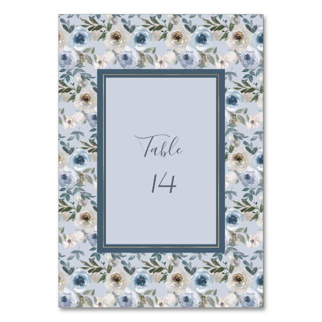 Dusty Blue und Gray Floral Botanical Wedding Tischnummer (Vorderseite)