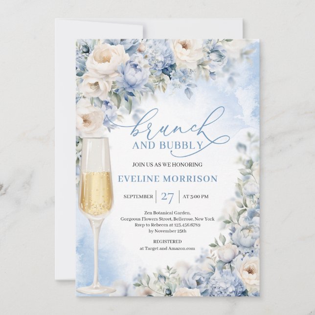 Dusty Blue und Ivory Blume Brunch und Bubbly Einladung (Vorderseite)