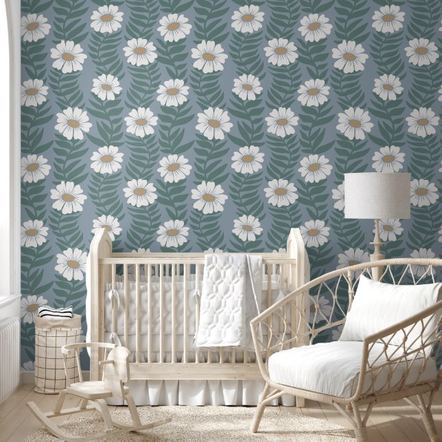Dusty Blue und Ivory Climbing Wavy Blume Stripe Tapete (Kinder)