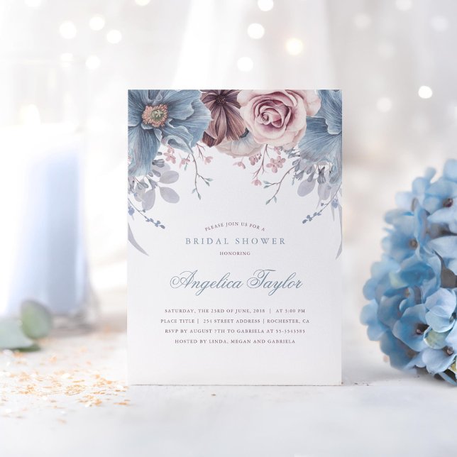 Dusty Blue und Mauve Floral Brautparty Einladung (Dusty Blue and Mauve Floral Bridal Shower)