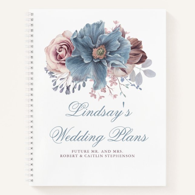 Dusty Blue und Mauve Floral Elegante Moderne Notizbuch (Vorderseite)