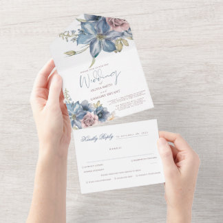 Dusty Blue und Mauve Floral Elegante Wedding All i In One Einladung